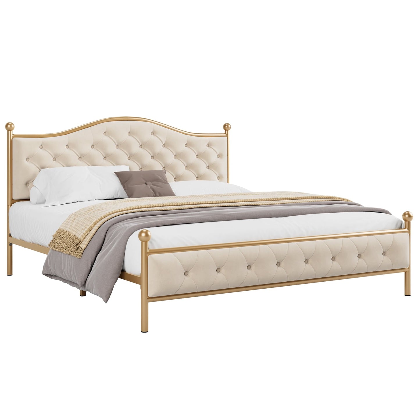 Versatile Homfa King Size Bed Frame, Metal Tubular Platform Bed with Button Tufted Upholstered Headboard, No Box Spring Needed, Beige