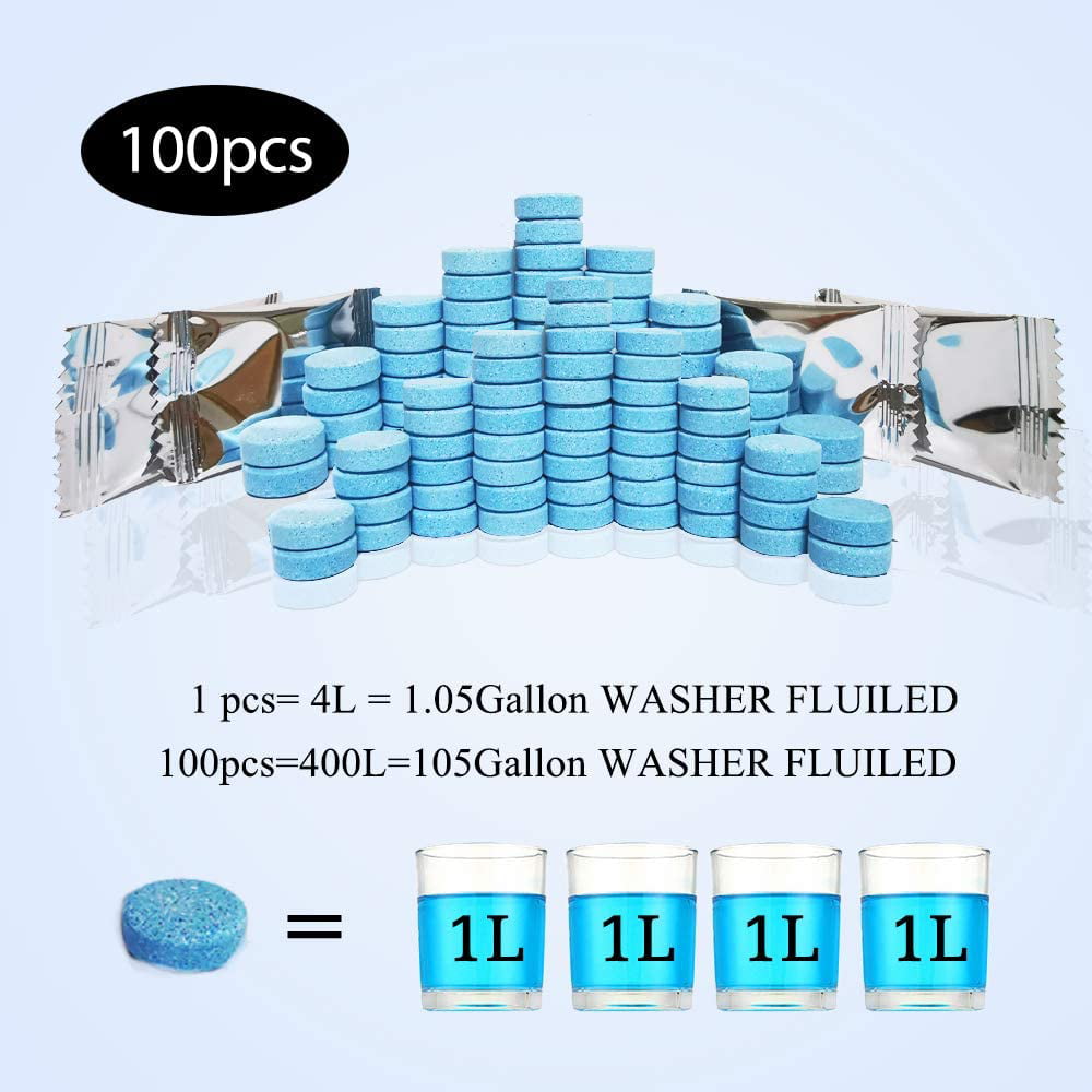 Classic OBOSOE 100Pcs Windshield Washer Fluid Tablets,Wiper Fluid Concentrate,Washer Cleaning Tool for Car Kitchen Window, 1 Piece Makes 1.05 Gallons,100 Pcs Makes 105 Gallons(Winter: Use With Antifreeze)