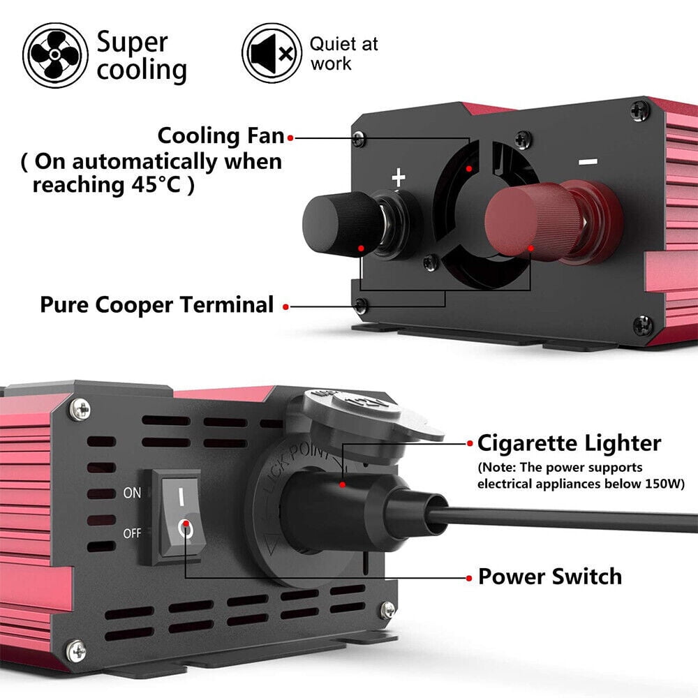 Classic 1000W Power Inverter Car Converter Adapter, 500W DC 12V to AC 110V Pure Sine Wave Solar Converter