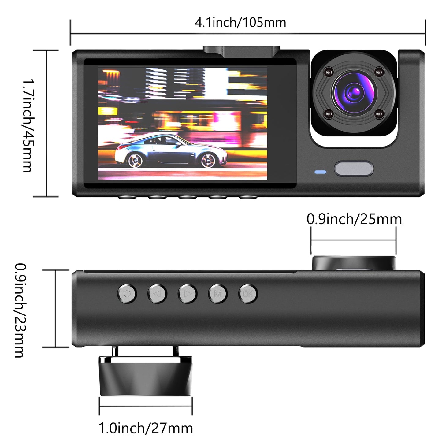 Classic 3 Channel Dash Cam Front and Rear Inside with 2" IPS Screen, 1080P Dashcam Three Way Triple Car Camera with IR Night Vision, Loop Recording, G-Sensor, Parking Monitor, 24 Hours Recording