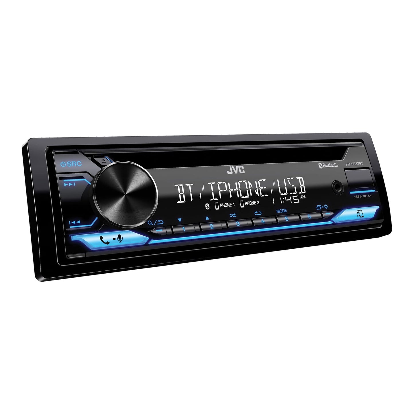 Versatile JVC KD-SR87BT Single DIN Car Stereo CD Player, with High Power Amplifier, AM/FM Radio, Bluetooth Audio, USB, MP3, Removable Faceplate