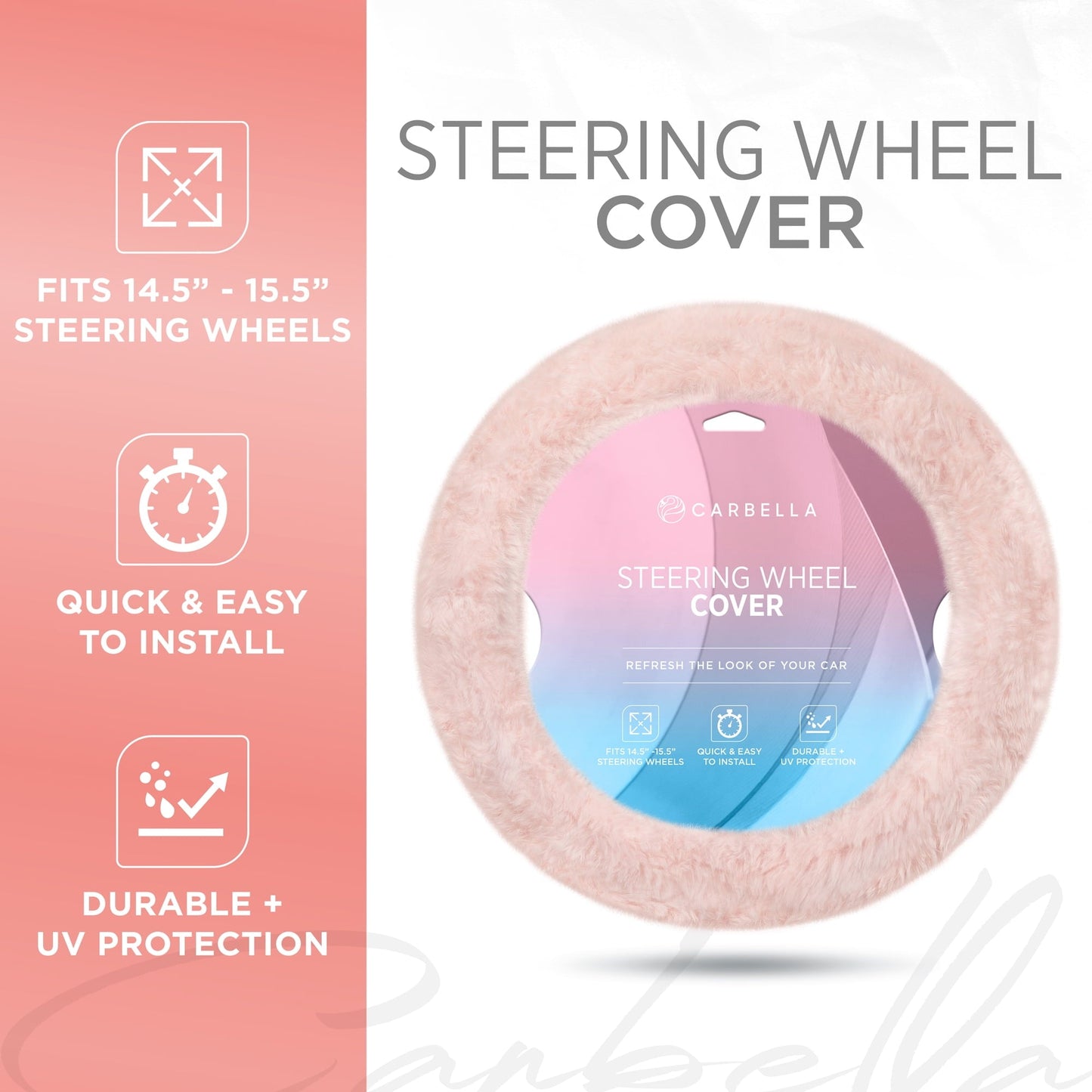 Classic Carbella Soft Pink Faux Fur Steering Wheel Cover for Women, Standard 15 Inch Size Fits Cars Trucks SUV