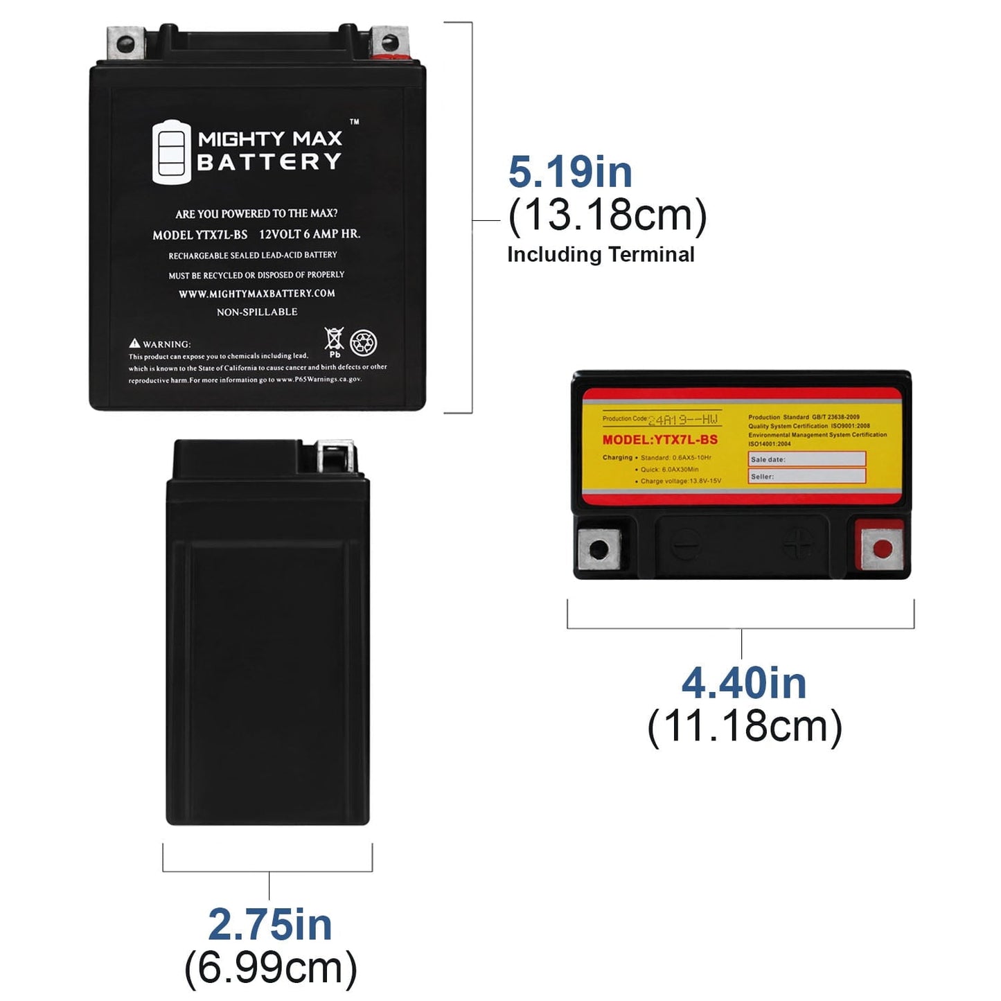 Versatile YTX7L-BS -12 Volt 6 AH, 100 CCA, Rechargeable Maintenance Free SLA AGM Motorcycle Battery