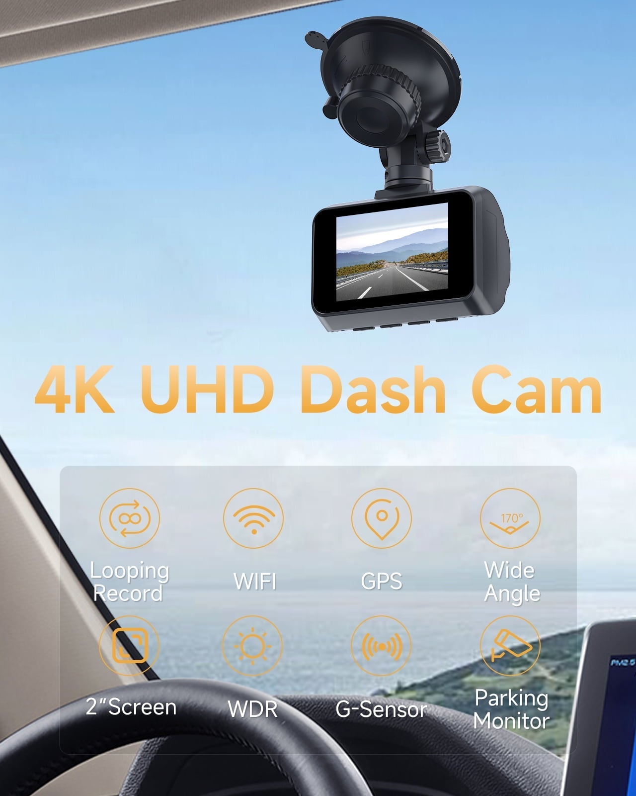 Classic 4K Dash Cam WiFi GPS,4K+1080P Front and Rear, Car Dash Camera, Dashcam with 2" LCD Screen, 170Â° Wide Angle, WDR, Night Vision,Parking Mode, G-Sensor,Black