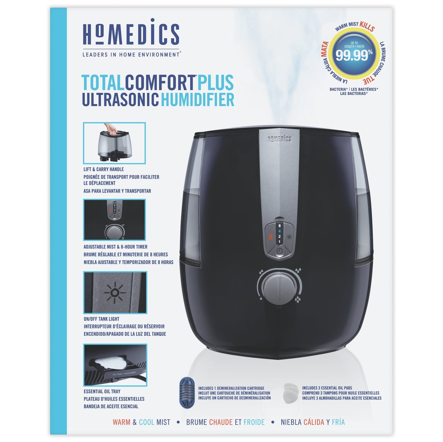 Classic Homedics Total Comfort Plus Ultrasonic Humidifier, 5.3L Water Tank with Warm and Cool Mist with Auto Shutoff, 547 sq./ ft. Coverage Area