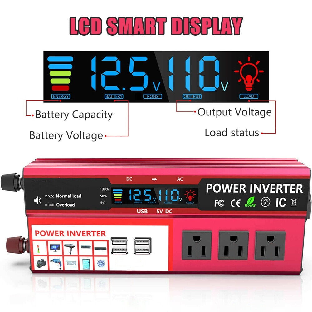 Classic 1000W Power Inverter Car Converter Adapter, 500W DC 12V to AC 110V Pure Sine Wave Solar Converter