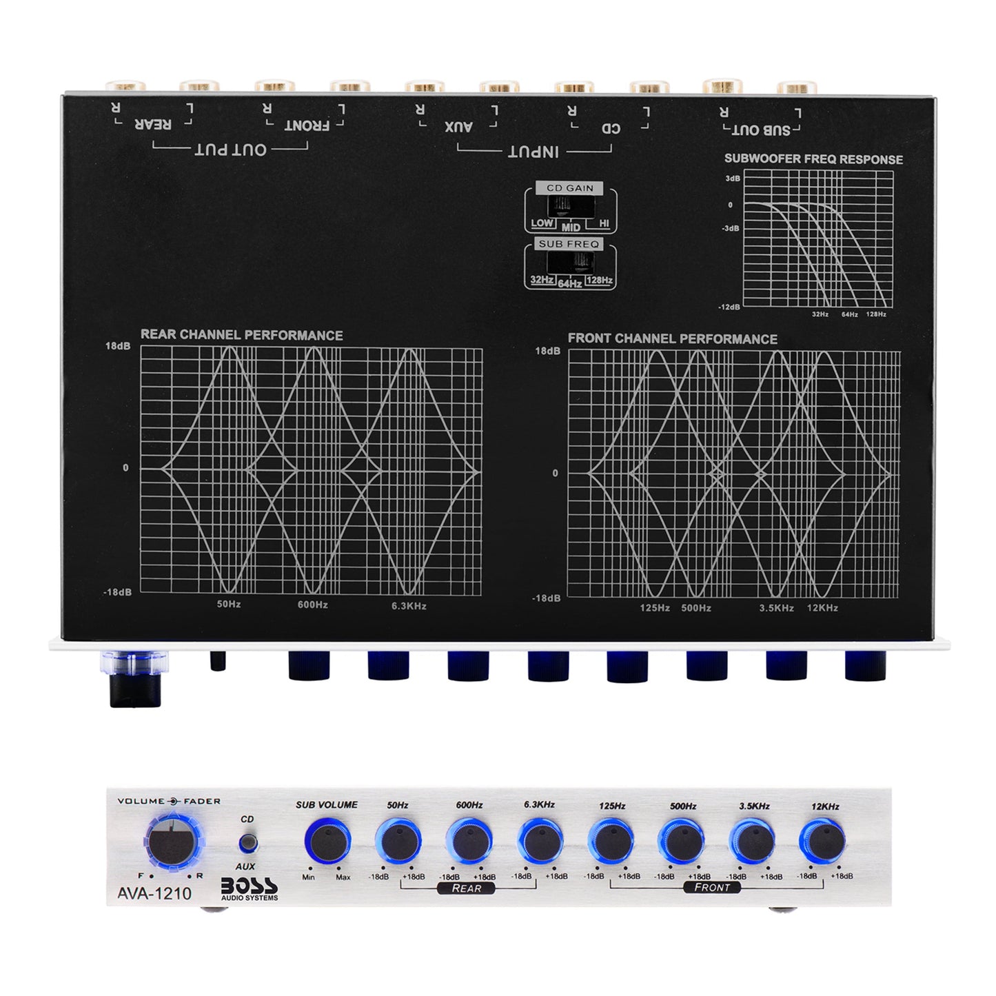 Versatile BOSS Audio Systems AVA1210 Car Audio Equalizer 7 Band Pre-Amp With Gold-Plated Front/Rear and Subwoofer Outputs, DPS Processor