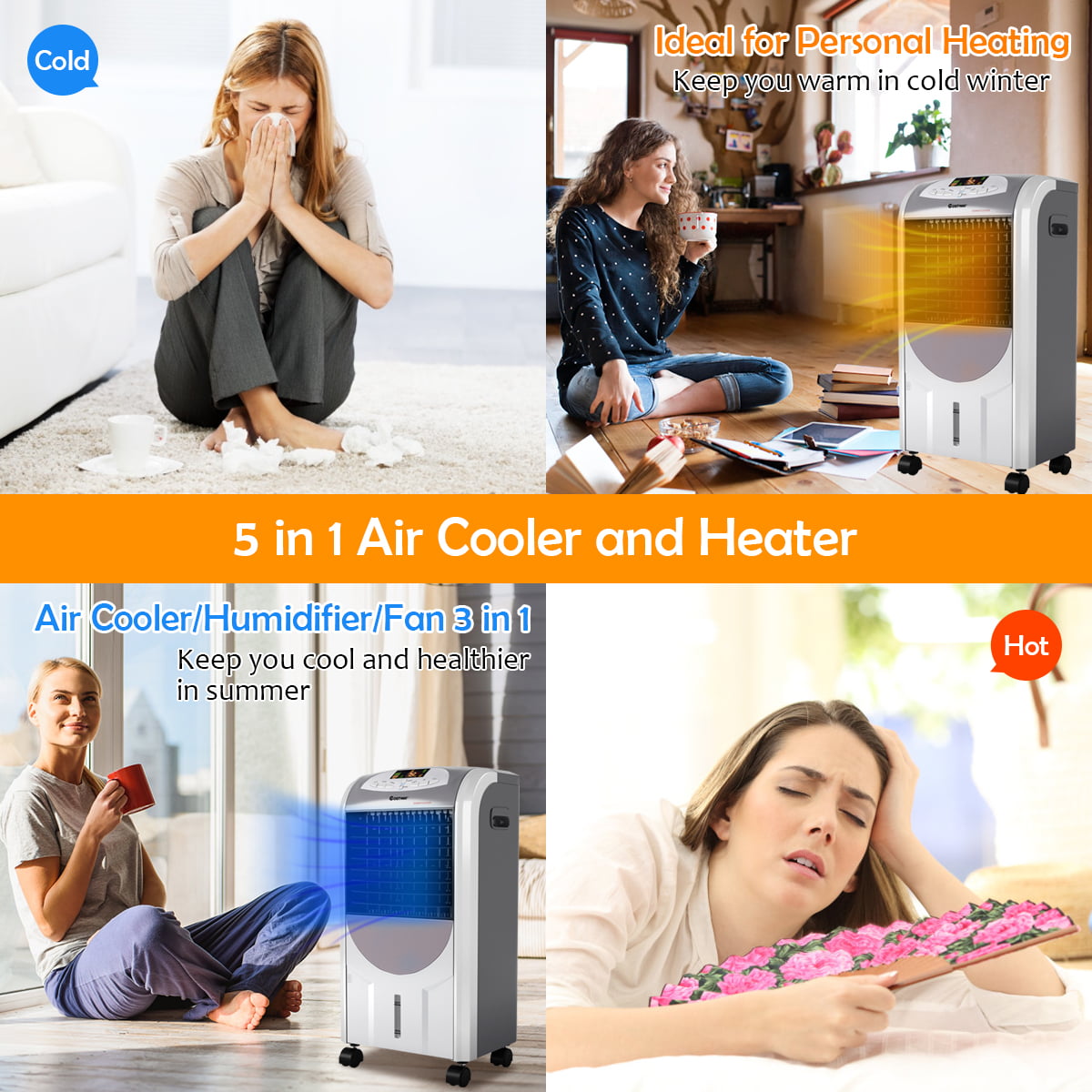 Versatile Costway Portable Air Cooler Fan & Heater Humidifier with Washable Filter Remote Control