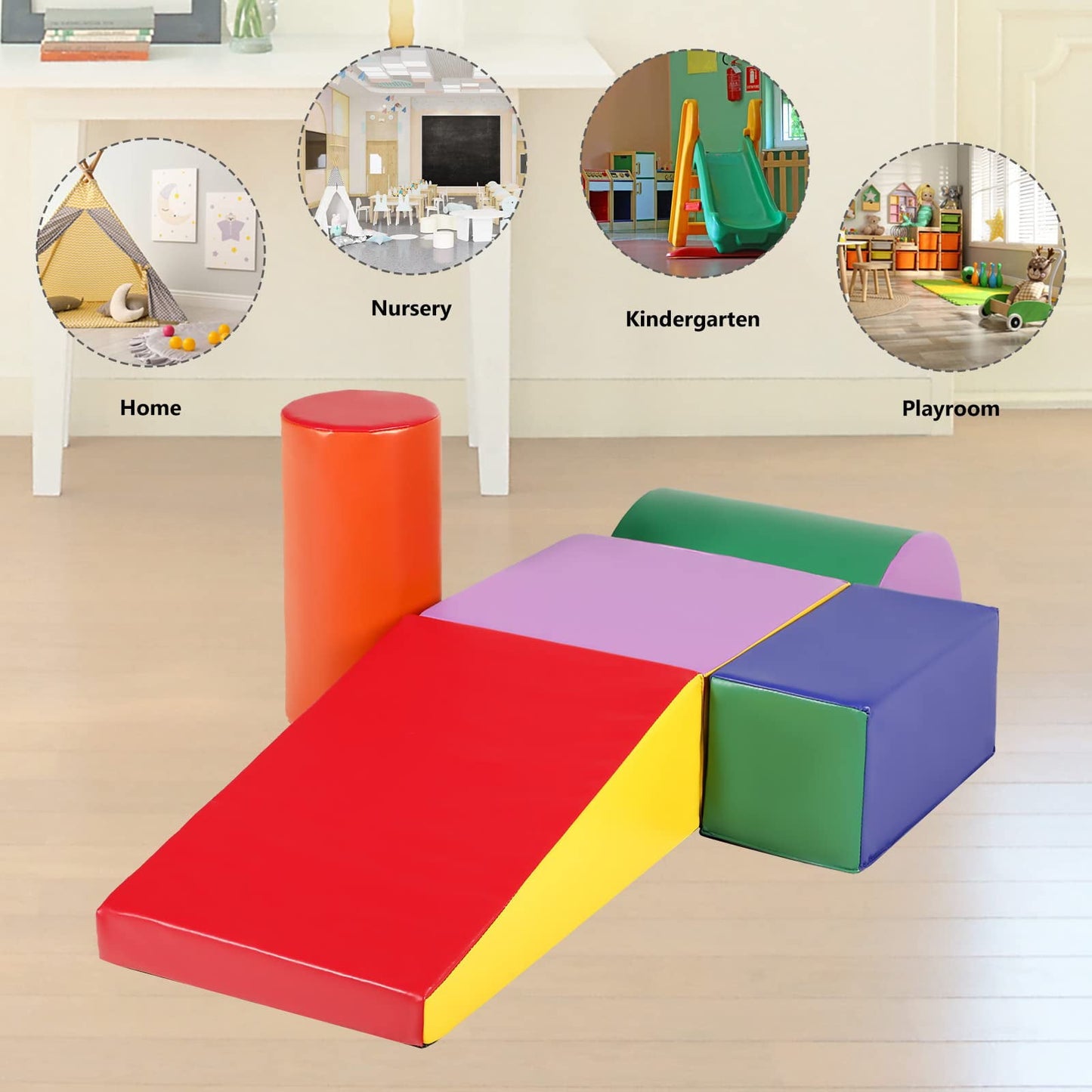 Classic Kinder King Climb Foam Block for Toddler, 5Pcs Baby Foam Climb and Crawl Play Toy Set Indoor, Crawling and Sliding, Red & Yellow