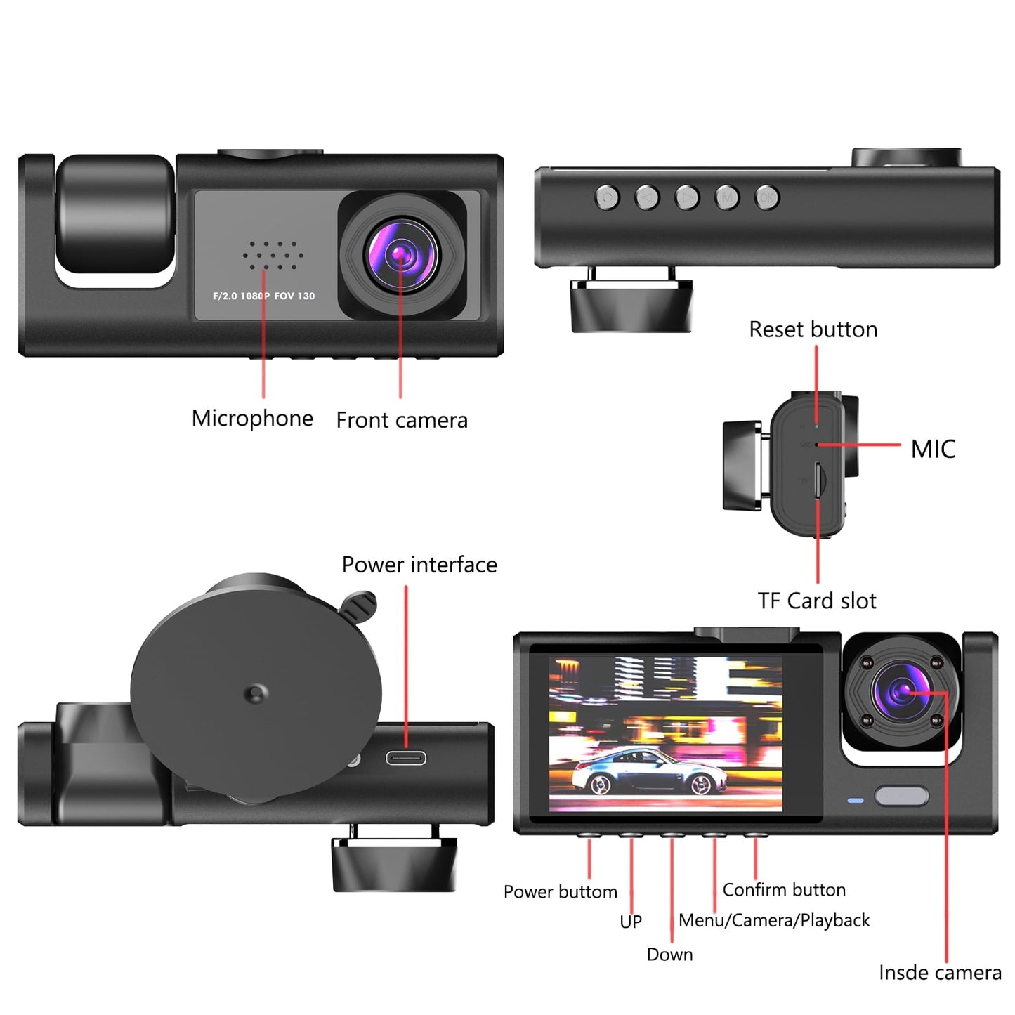 Classic 3 Channel Dash Cam Front and Rear Inside with 2" IPS Screen, 1080P Dashcam Three Way Triple Car Camera with IR Night Vision, Loop Recording, G-Sensor, Parking Monitor, 24 Hours Recording