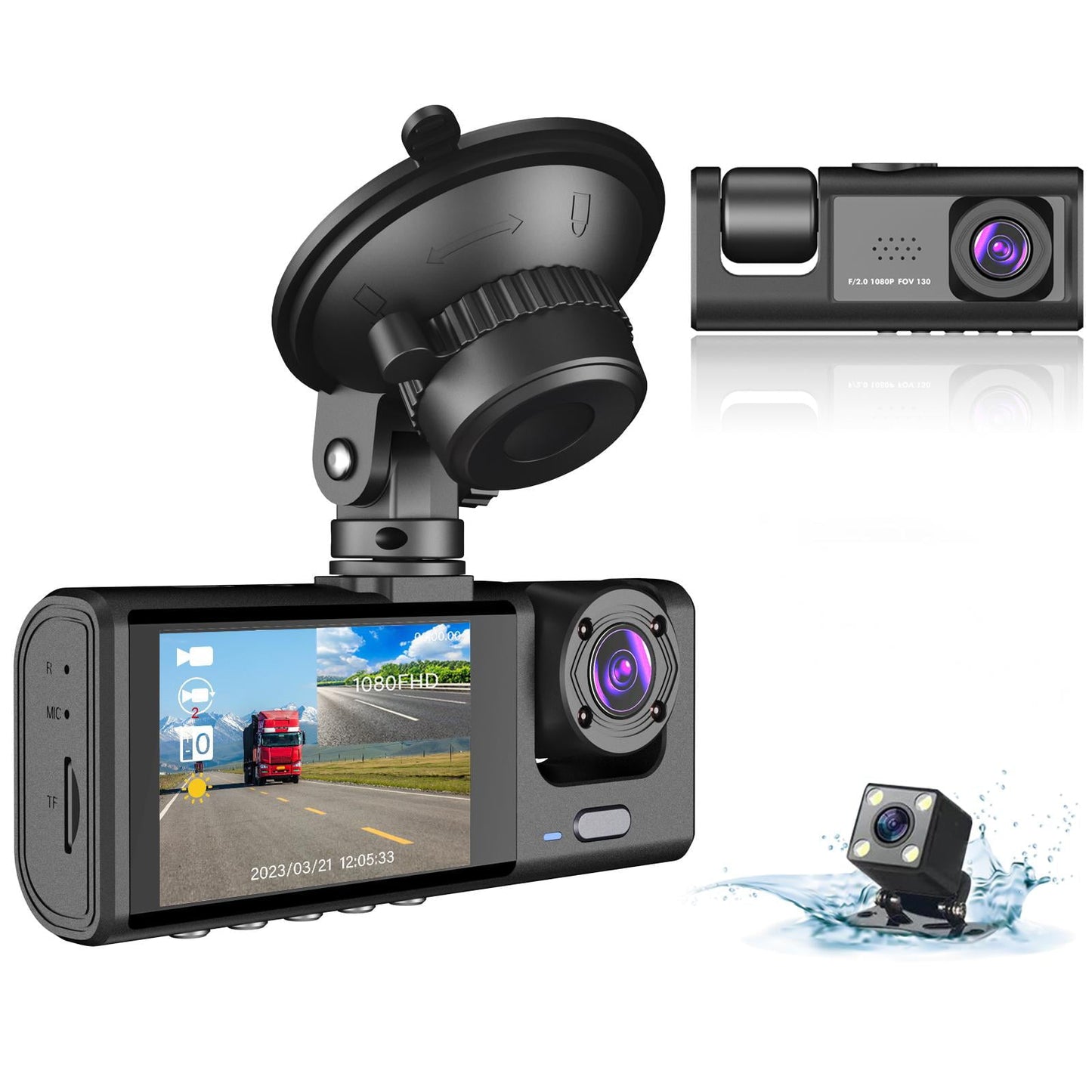 Classic 3 Channel Dash Cam Front and Rear Inside with 2" IPS Screen, 1080P Dashcam Three Way Triple Car Camera with IR Night Vision, Loop Recording, G-Sensor, Parking Monitor, 24 Hours Recording