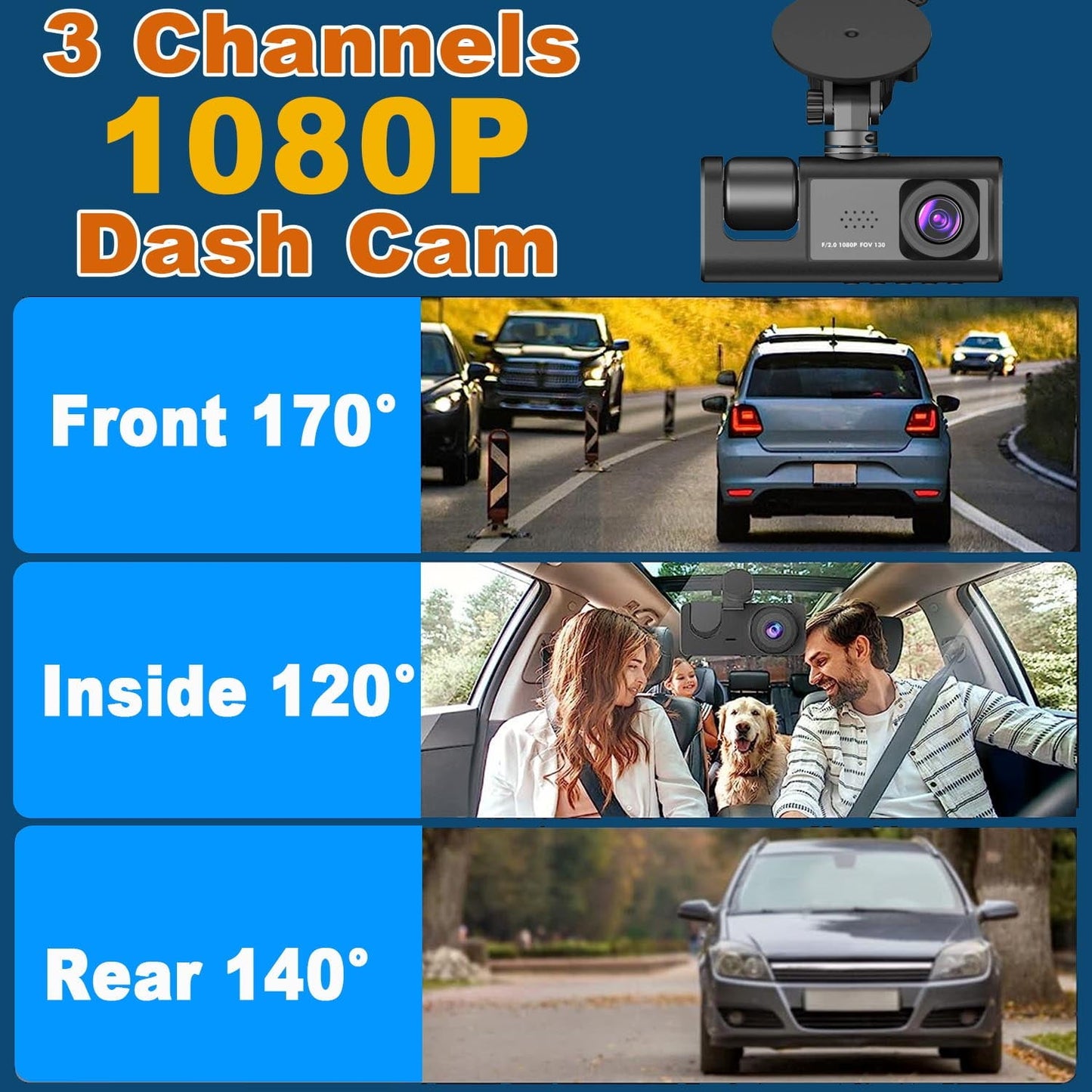 Classic Dash Cam, 3 Channel Dash Cam Front and Rear Inside,1080P Full HD 170 Deg Wide Angle Dashboard Camera, Night Vision, WDR, Accident Lock, Loop Recording, Parking Monitor