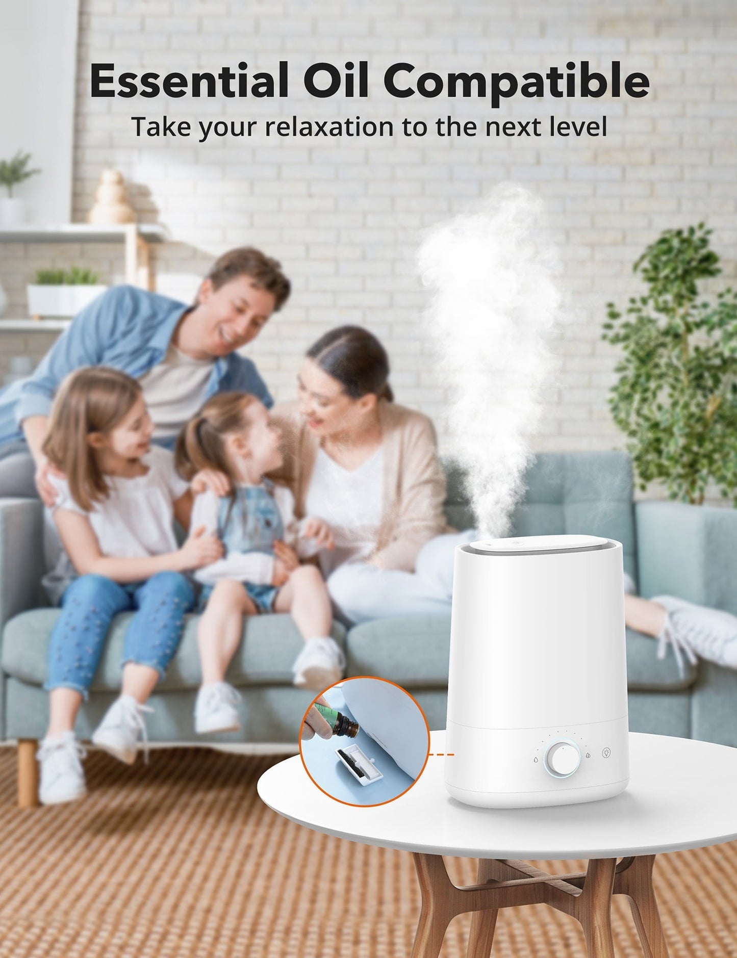 Versatile TaoTronics Humidifier, Top Fill 4.5L Ultrasonic Cool Mist Humidifiers with Essential Oil Tray, Nano-Coating, Auto Shut-off for Bedroom, Living Room, Home and Office, 100 sq ft, White