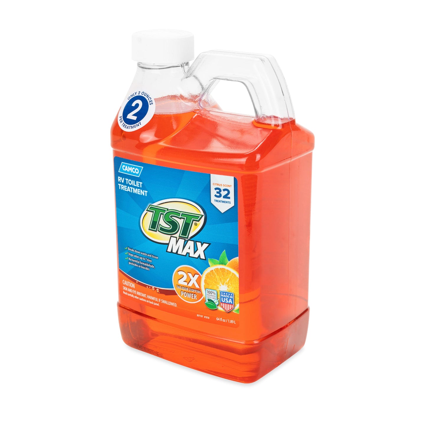 Versatile Camco TST MAX RV Toilet Treatment | Features a Biodegradable Septic Safe Formula and Orange Citrus Scent |  Ideal for Camping, Boating, and More | 64oz. (41195)