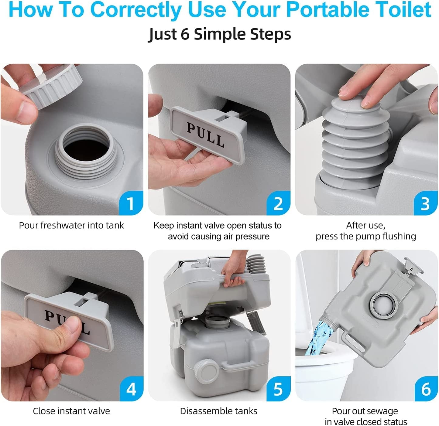 Classic Dextrus 5.3 Gallon Portable Toilet With Detachable Tank, Double Outlet Water Spout, Press Flush Pump, Travel RV Potty for Camping, Boating, Hiking, Trips, White&Gray