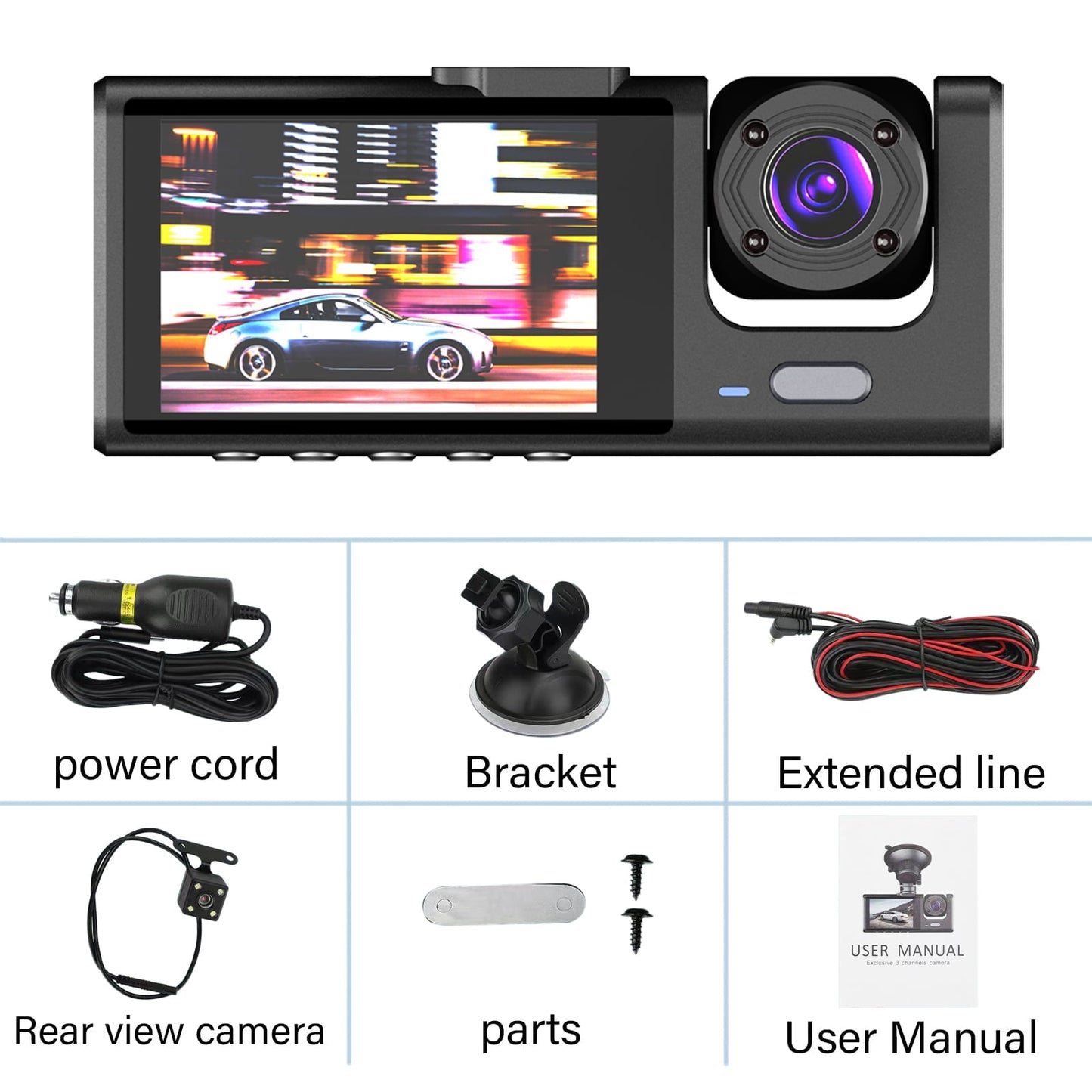 Classic 3 Channel Dash Cam Front and Rear Inside with 2" IPS Screen, 1080P Dashcam Three Way Triple Car Camera with IR Night Vision, Loop Recording, G-Sensor, Parking Monitor, 24 Hours Recording