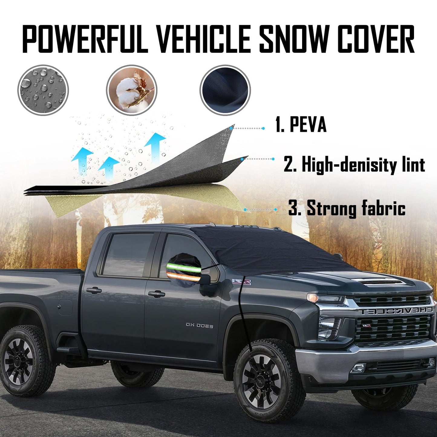 Classic Chanvi Windshield Snow Ice Cover Extra Larger Size 97"x 63" Cover with 3 Layers Material Waterproof Sun Protection All Cars, Trucks, SUVs, Mpvs (Black, 97"x 63")