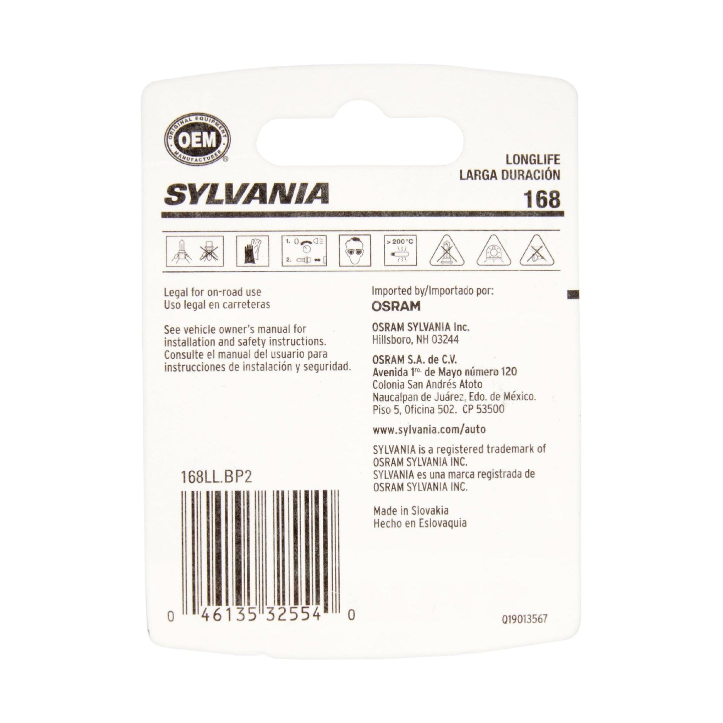 Classic Sylvania 168 Long Life Automotive Mini Bulb, Pack of 2.