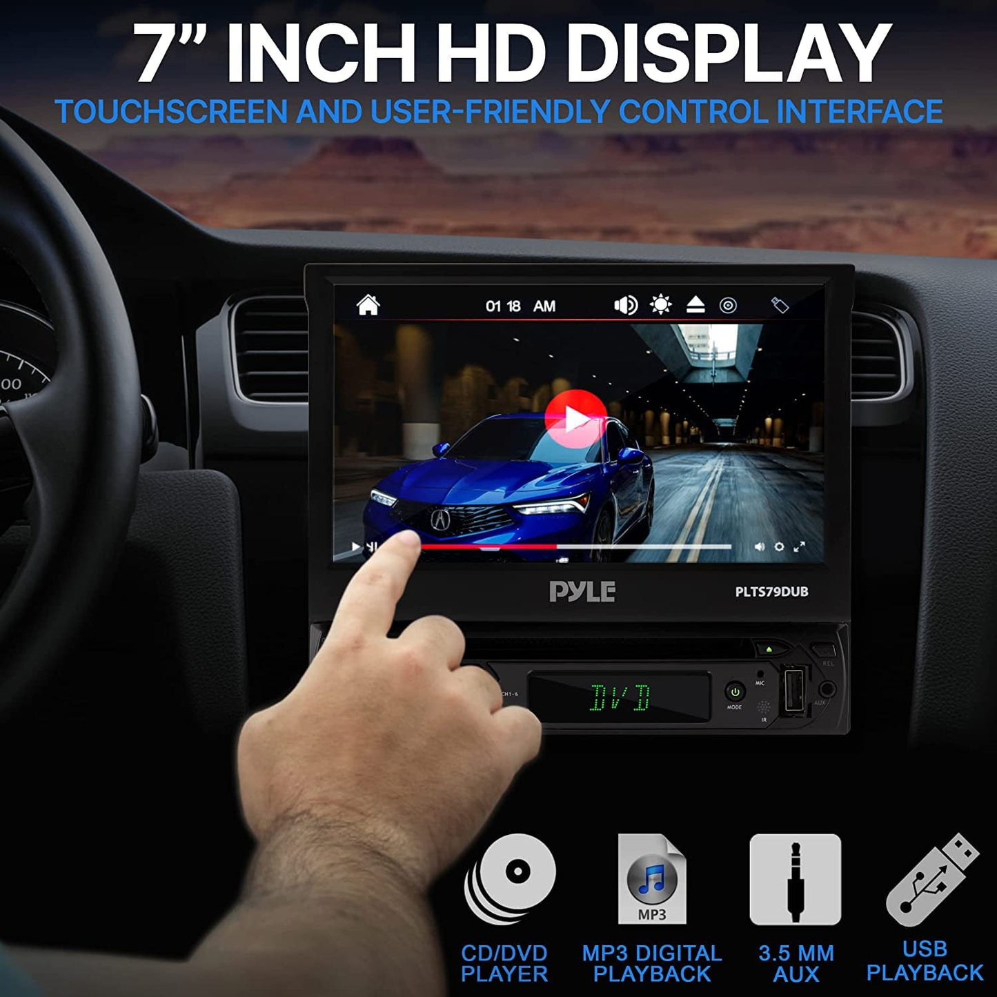 Versatile Pyle Car Stereo Video Receiver - Multimedia Disc Player, Motorized Fold-Out 7â Touchscreen Display