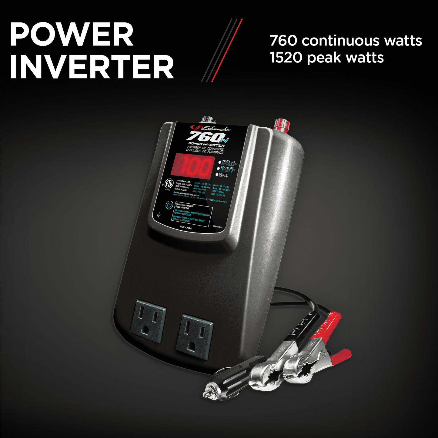 Versatile Schumacher 760 Continuous Watt DC-to-AC Power Inverter with AC and USB Outlets