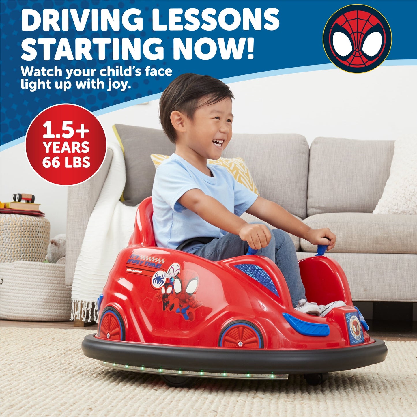 Versatile Marvel's Spidey and His Amazing Friends 6V Bumper Car, Battery Powered Ride On for Children by Flybar, Ages 1.5+, 66lbs