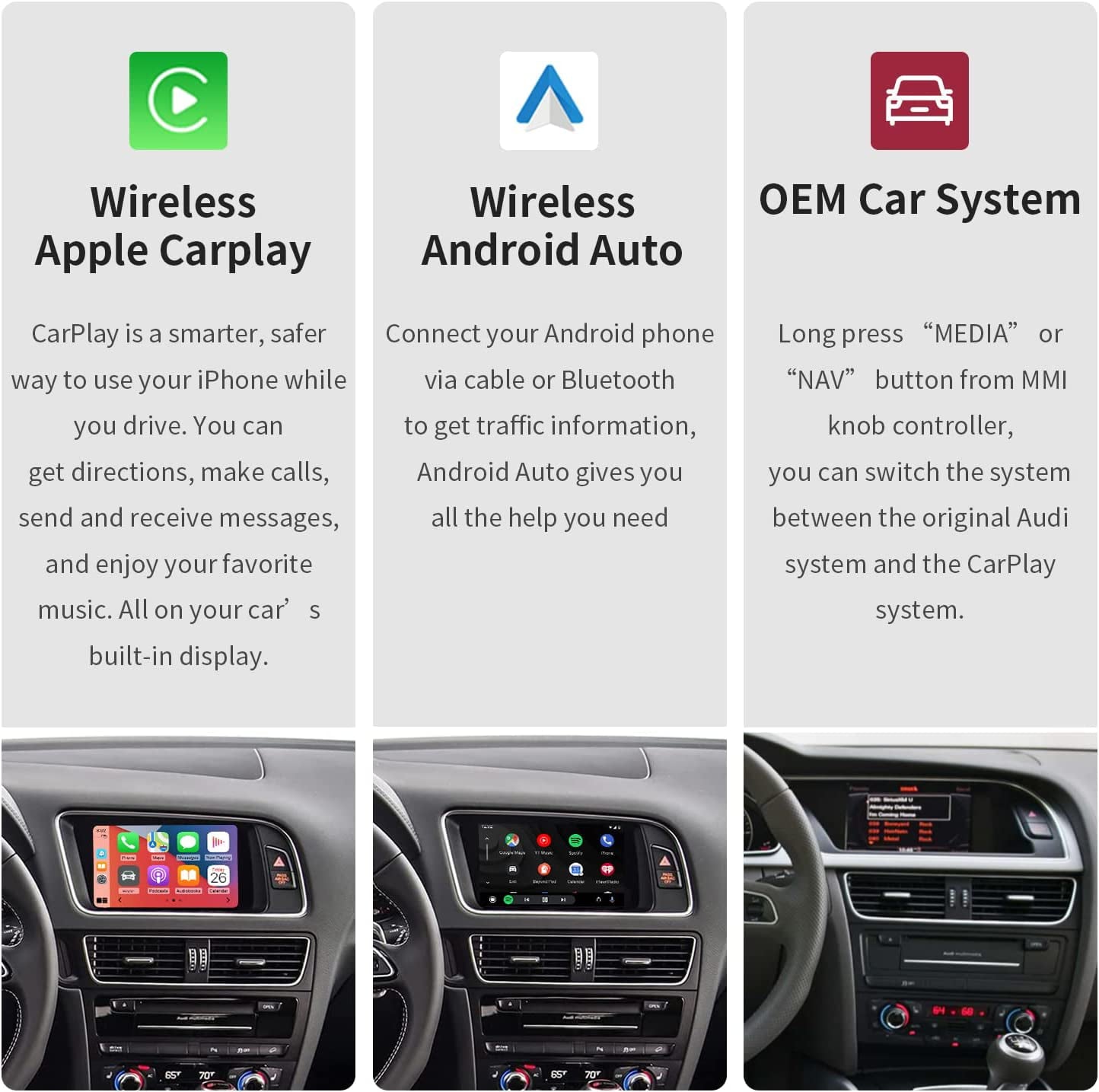 Classic Road Top Wireless Carplay Android Auto Retrofit Kit for Audi A4 A5 S4 S5 RS4 RS5 Q5 2008-2015 with 3GMMI Factory Screen Update, Support Mirrorlink, Siri, Original Control, Camera