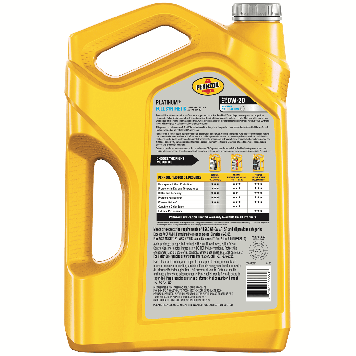 Versatile Pennzoil Platinum Full Synthetic 0W-20 Motor Oil, 5-Quart