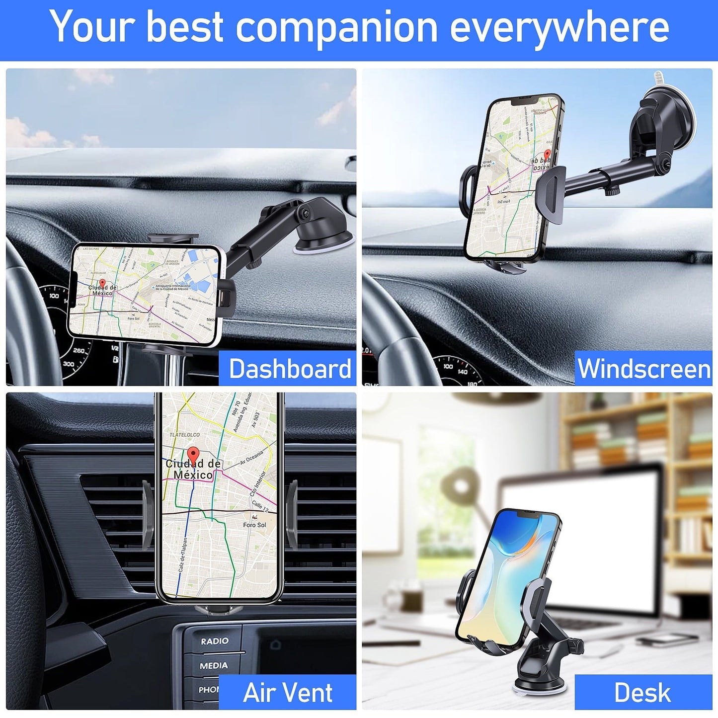 Classic Huryfox Car Phone Holder Universal Mobile Mount for Vehicle, Smartphone Stand on Dashboard, Windshield, Vent, Automobile Cradle Compatible with iPhone, Android Phone