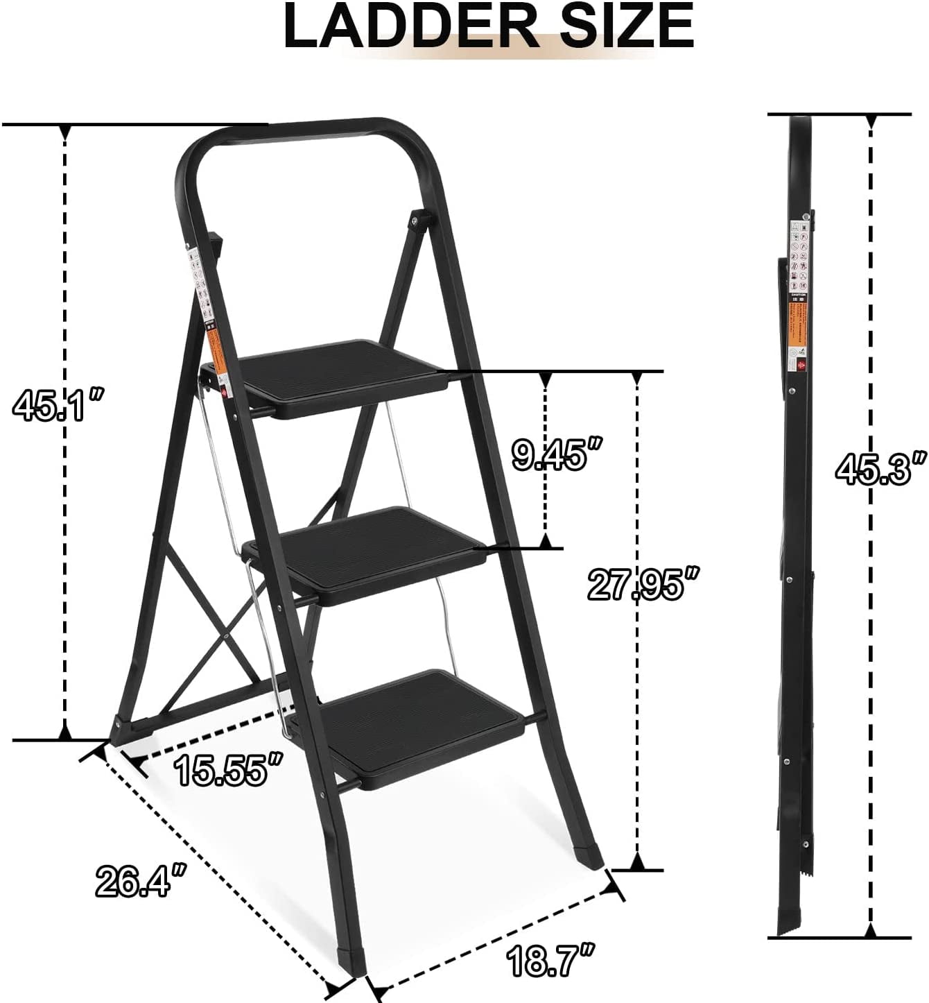 Classic Coolhut 3 Step Ladder, Folding Step Stool with Wide Anti-Slip Pedal, 330lbs Capacity Portable Lightweight Ladders for Home Kitchen Outdoor, Black