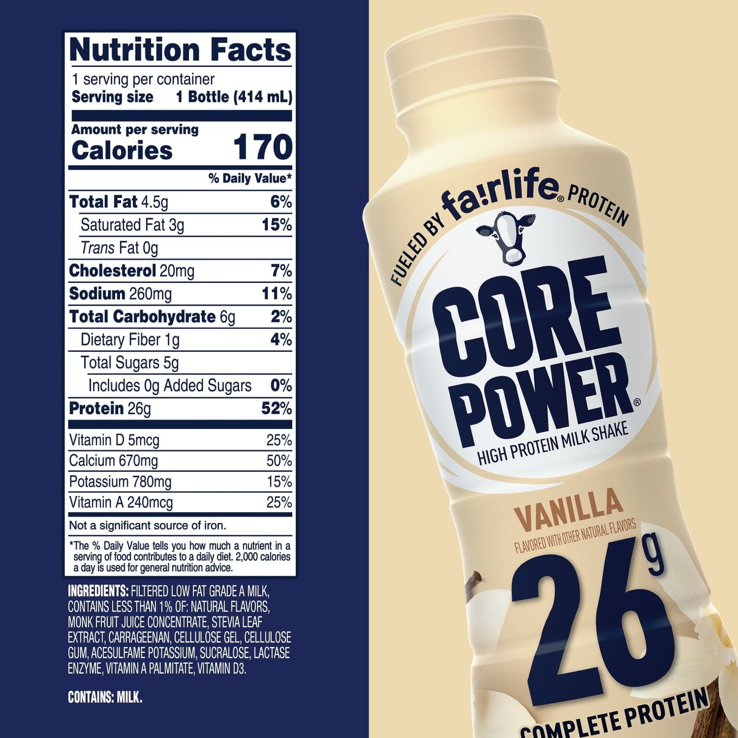 Versatile Core Power Protein Shake with 26g Protein by fairlife Milk, Vanilla, 14 fl oz