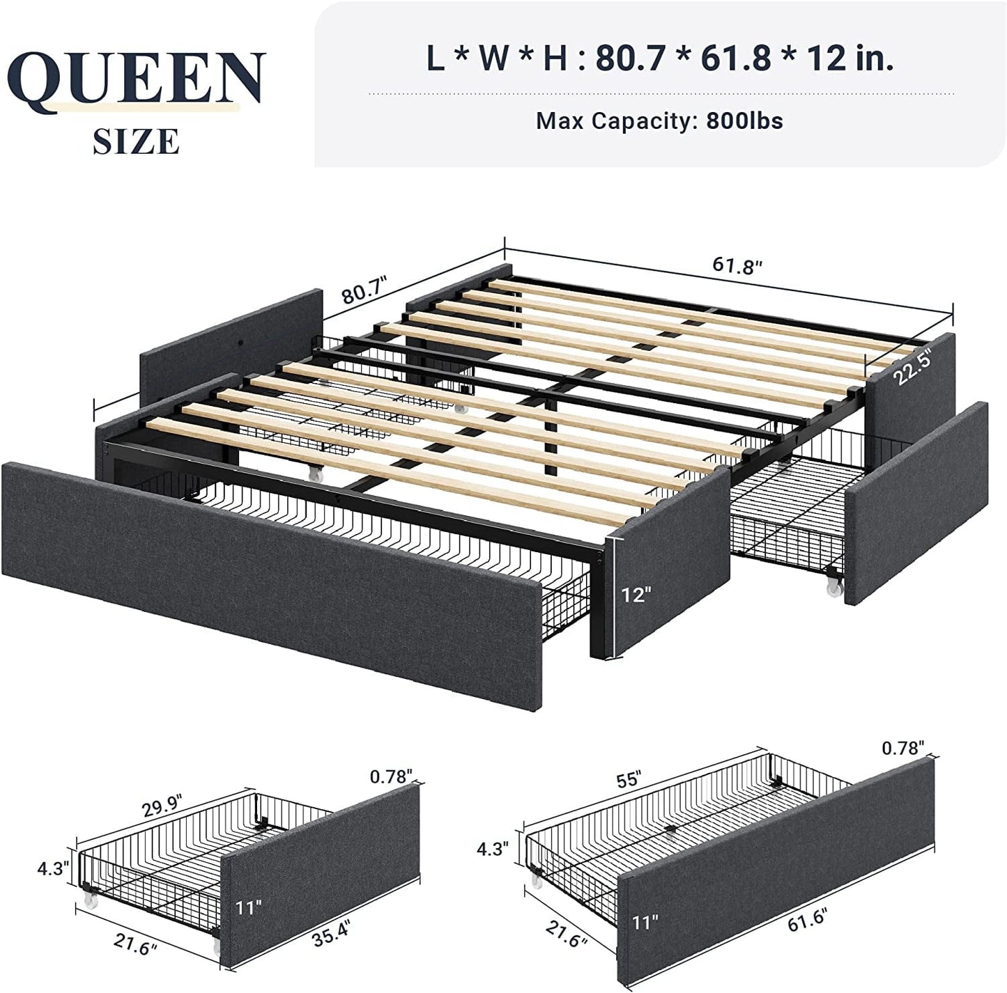 Classic Allewie Queen Size Platform Bed Frame with 3 Storage Drawers, Fabric Upholstered, Dark Grey