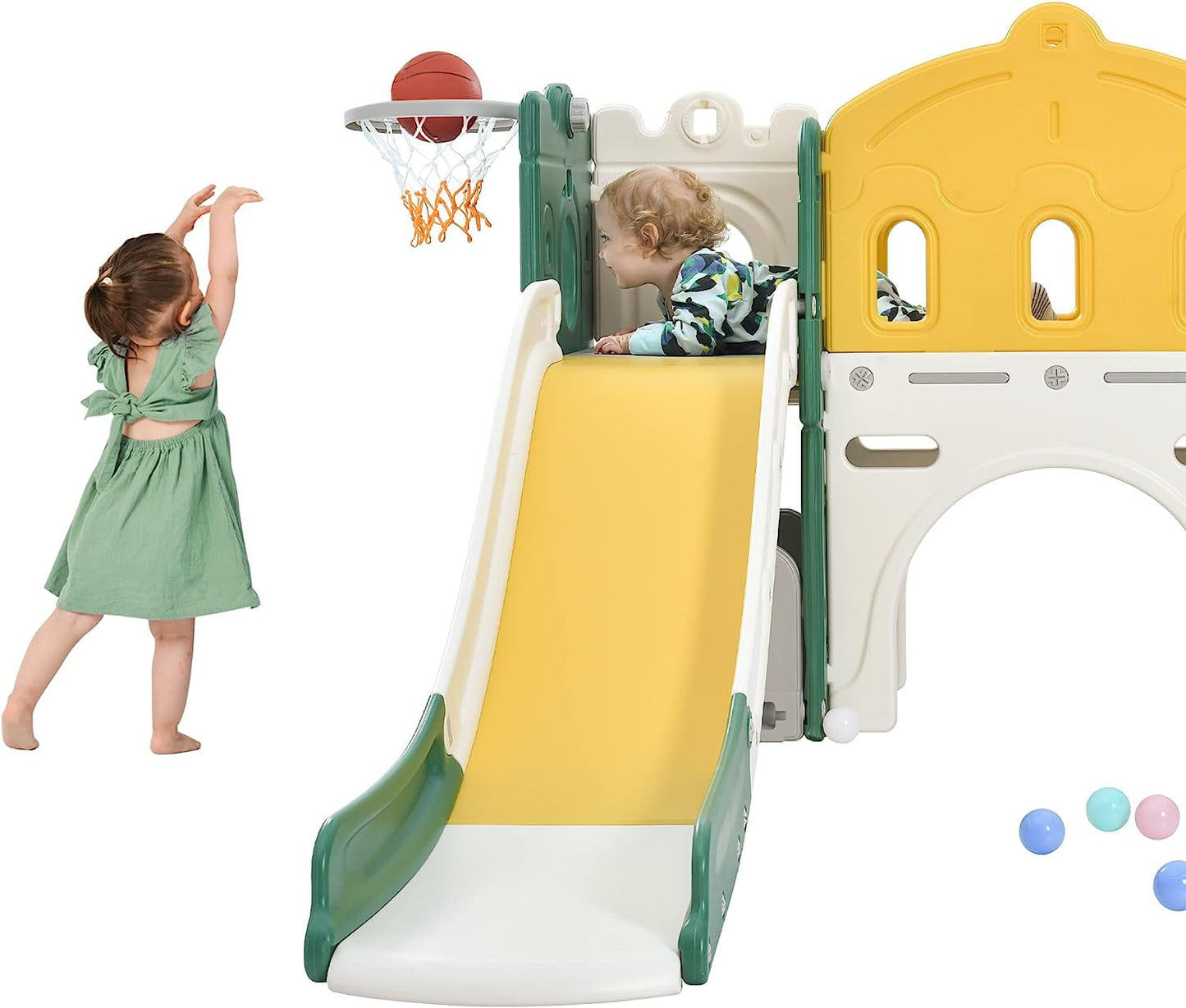 Classic Holaki 6 in 1 Toddler Slide Set, Kids Slide for Toddlers, Kids Playing Climber Sliding Playset with Basketball Hoop, Tunnel and Storage Space, Toddler Playground Indoor Outdoor