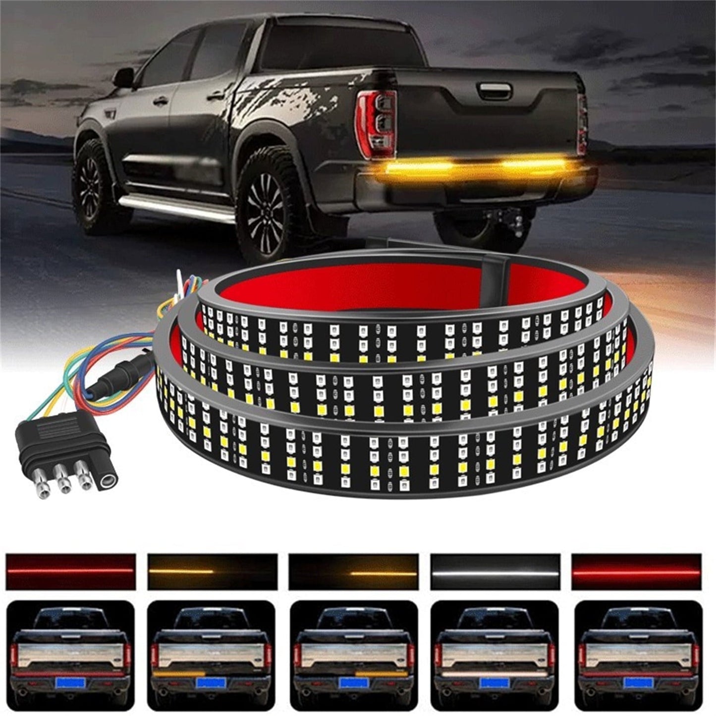 Versatile BLUELK 60" Truck Tailgate Light Bar Four Row 648 LED Flexible Strip Running Turn Signal Brake Reverse Tail Light,Red/White