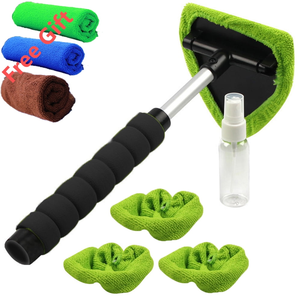 Classic Byseng Car Windshield Cleaner, Windshield Cleaning Tool for Car, Microfiber Car Window Cleaner with Extendable Handle + 4 Reusable and Washable Microfiber Pads - Green