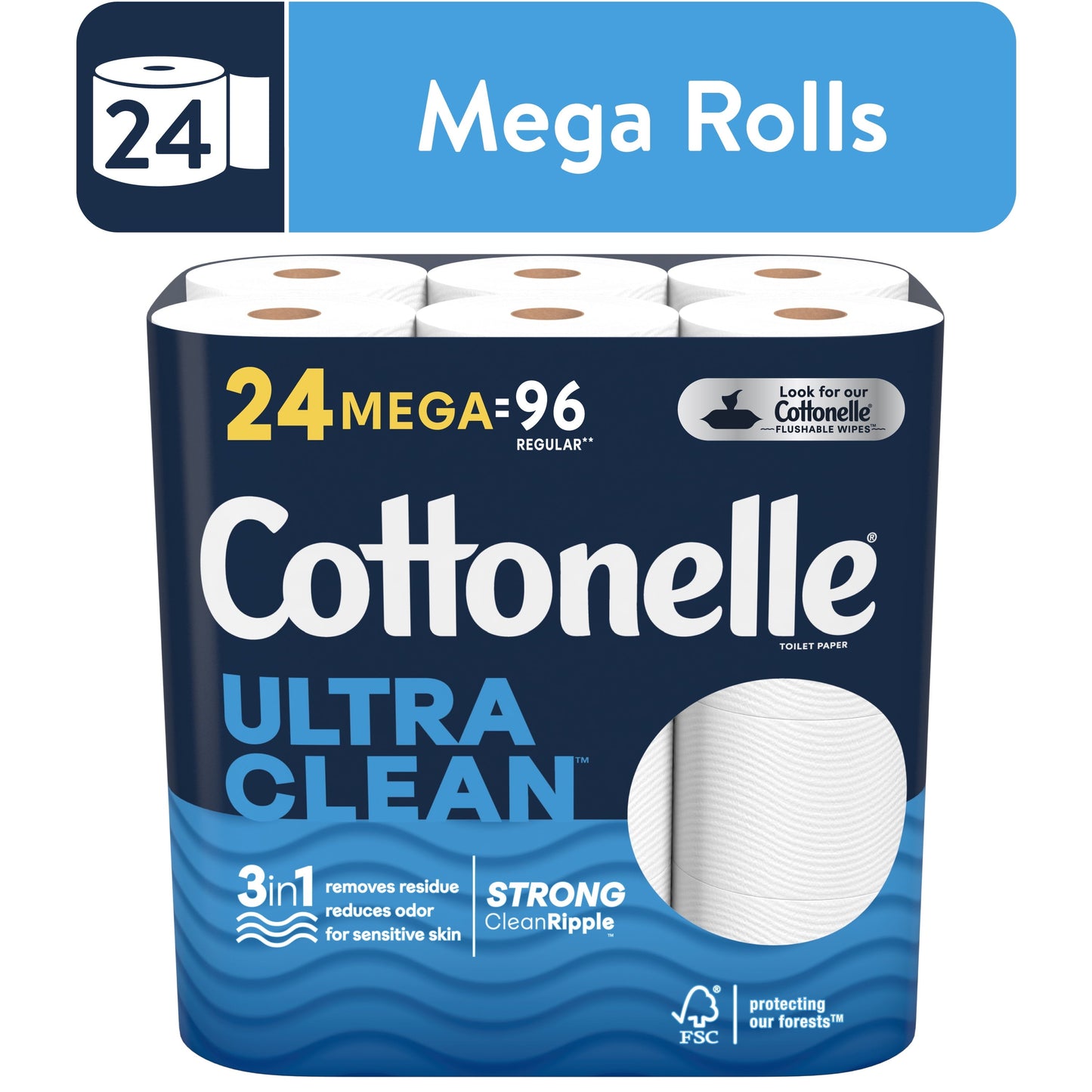 Classic Cottonelle Ultra Clean Toilet Paper, 24 Mega Rolls, 312 Sheets per Roll (7,488 Total)