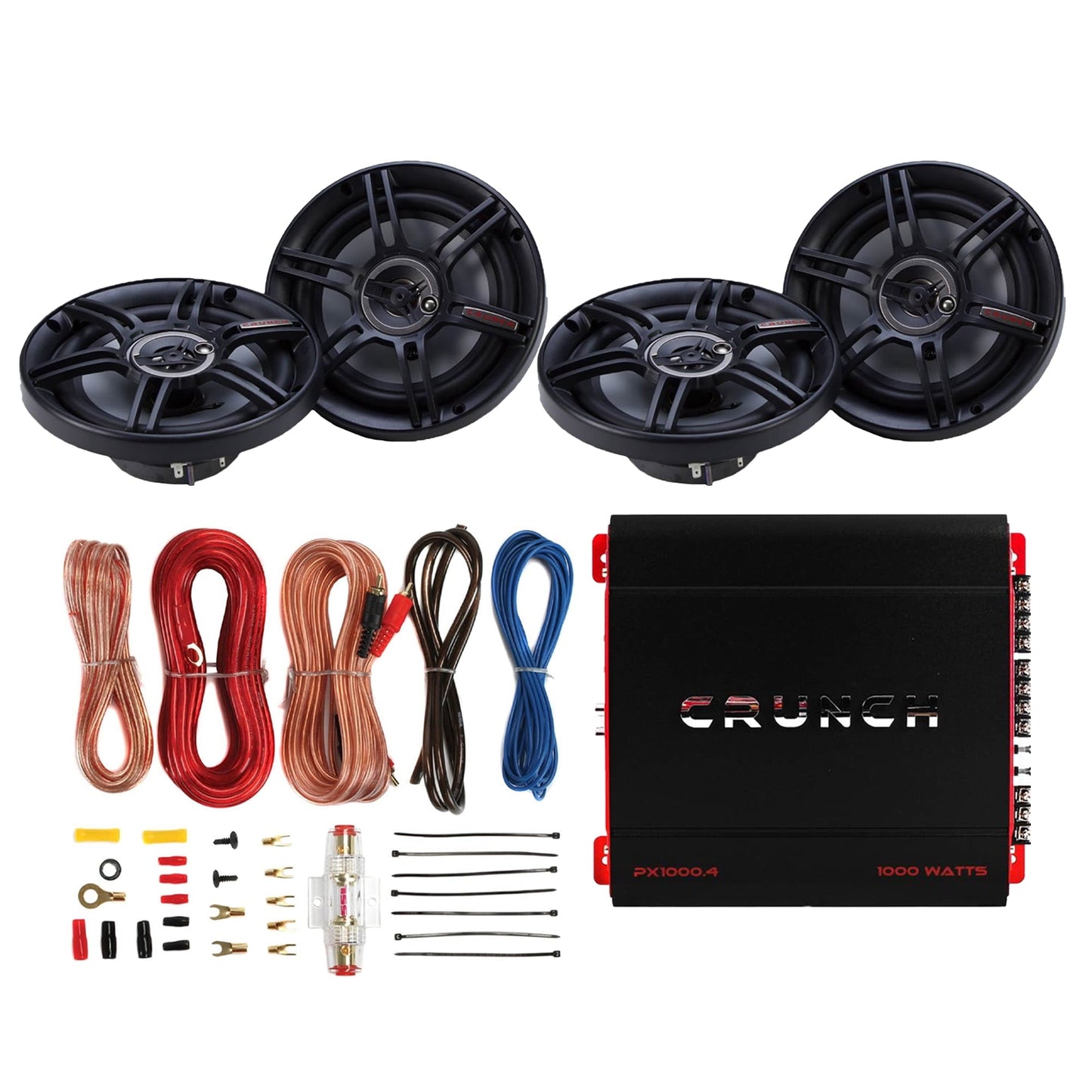 Classic Crunch PX-1000 Car Stereo Amp w/ 4 3-Way Speakers and Soundstorm Wiring Kit