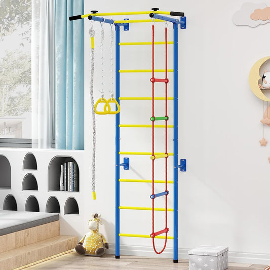 Classic Cuoote 5 in-1 Metal Wall Ladder Stall Bars Set, Indoor Kids Gym for Exercise, Ladder Wall Set with Wall Ladder, Pull-up Bar, Climbing Rope, Gymnastic Rings, Kids Climbing Toys for Boys Girls