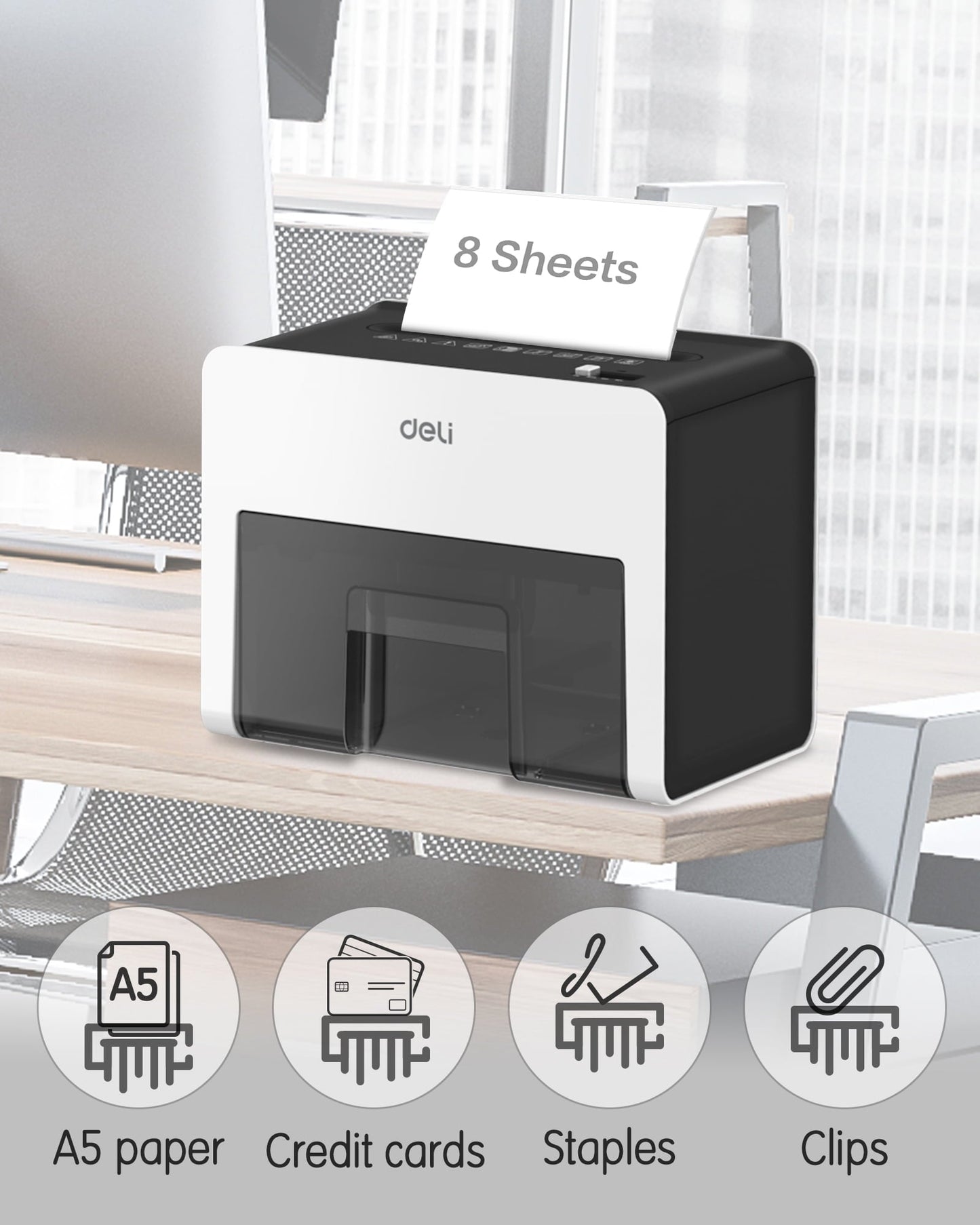 Versatile Deli 8-Sheet Paper Shredder Home Office Use Shredder, Mini Desktop Crosscut Shredder with 0.7 Gallon Bin Shred Credit Card/Mail/Staple/Clip, P-4 Security Paper Cutter, White