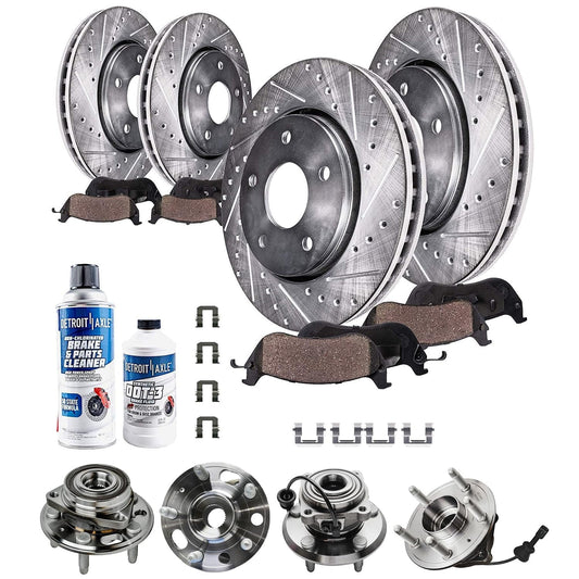 Classic Detroit Axle - Front Rear Drilled & Slotted Disc Brake Rotor Pad + Wheel Bearing and Hub Assembly Replacement for 2010-2016 Chevy Equinox GMC Terrian - 14pc Set