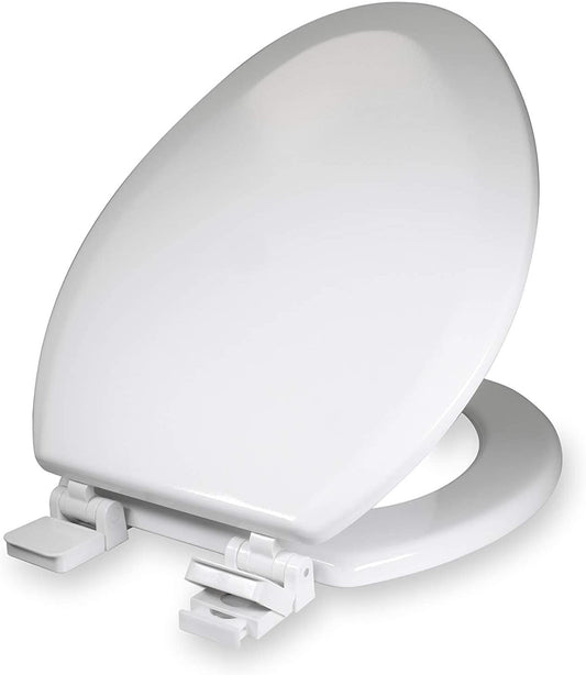 Versatile Elongated Molded Wood Toilet Seat Easy Remove Adjustable Hinge, White