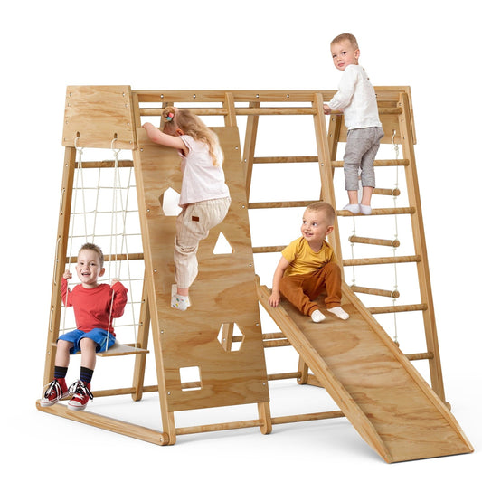 Versatile GIKPAL 8-in-1  Wooden Indoor Kids Playground Jungle Gym with Slide, Toddlers Wooden Climber with Slide Playset, Wooden Rock Climbing Wall with Rope Wall Climb, Monkey Bars, and Swing for Kids