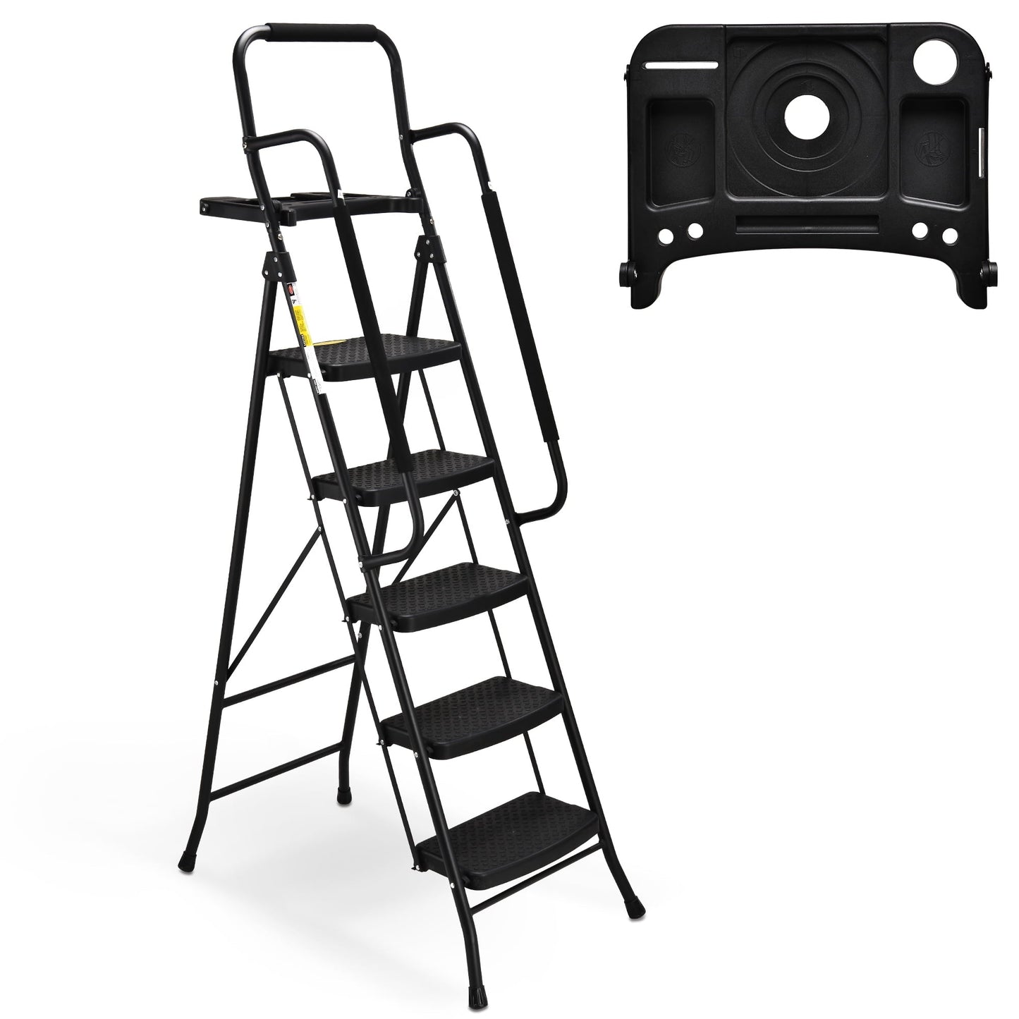 Classic HBTower 5-Step Folding Step Stool Ladder with Handrails and Tool Platform, Load-bearing 330lbs, Wide Anti-Slip Pedal and Steel Ladder Handgrip, Black