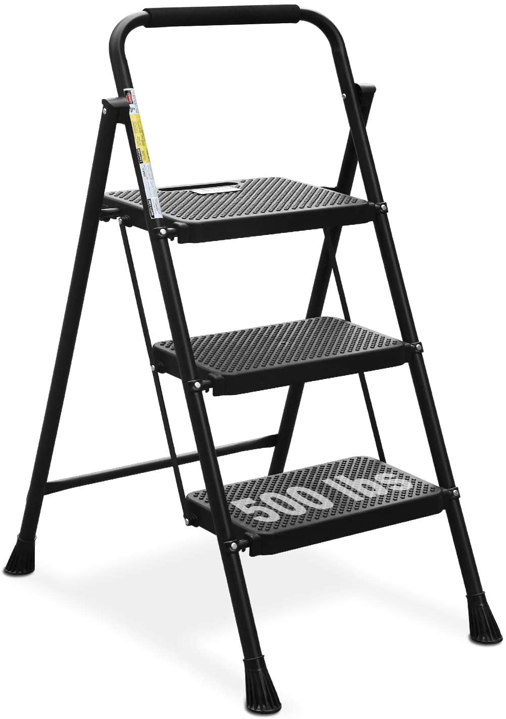 Versatile HBTower Folding 3-Step Stool Ladder, 500lbs, with Wide Anti-Slip Pedal and Steel Handgrip, Black