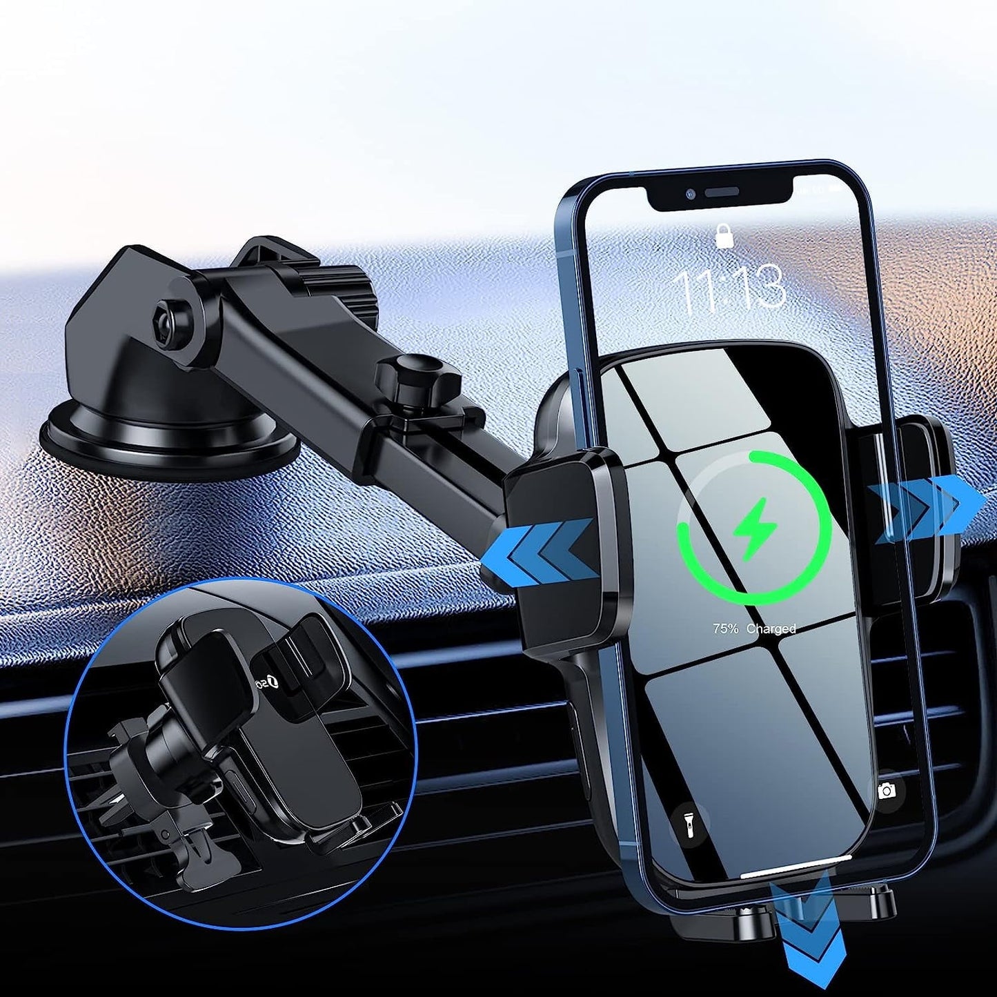 Classic Hoey 3 in 1 Wireless Car Charger, 15W Smart Sensor Auto Clamping Air Vent Dashboard Windshield Car Phone Holder Mount, Compatible for iPhone, Samsung, Google, LG, etc