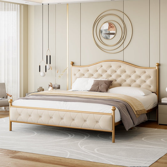 Versatile Homfa King Size Bed Frame, Metal Tubular Platform Bed with Button Tufted Upholstered Headboard, No Box Spring Needed, Beige