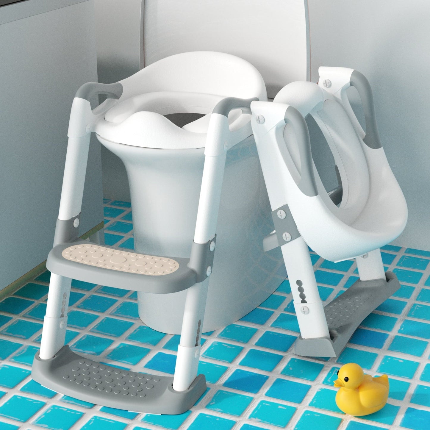 Versatile KORIMEFA Baby Potty Training Seat, Potty Toilet Seat, Foldable Toddler Toilet Potty Chair, Toilet Trainer Seat with Anti-Slip Pads Ladder for Boys Girls Kids, Grey