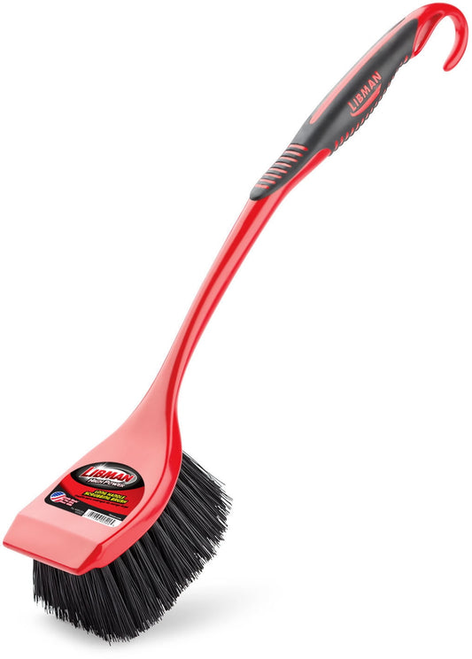 Versatile Libman Red All Purpose Scrub Brush with Scraper 13 in Long Handle and 2 in Recycled PET Fibers