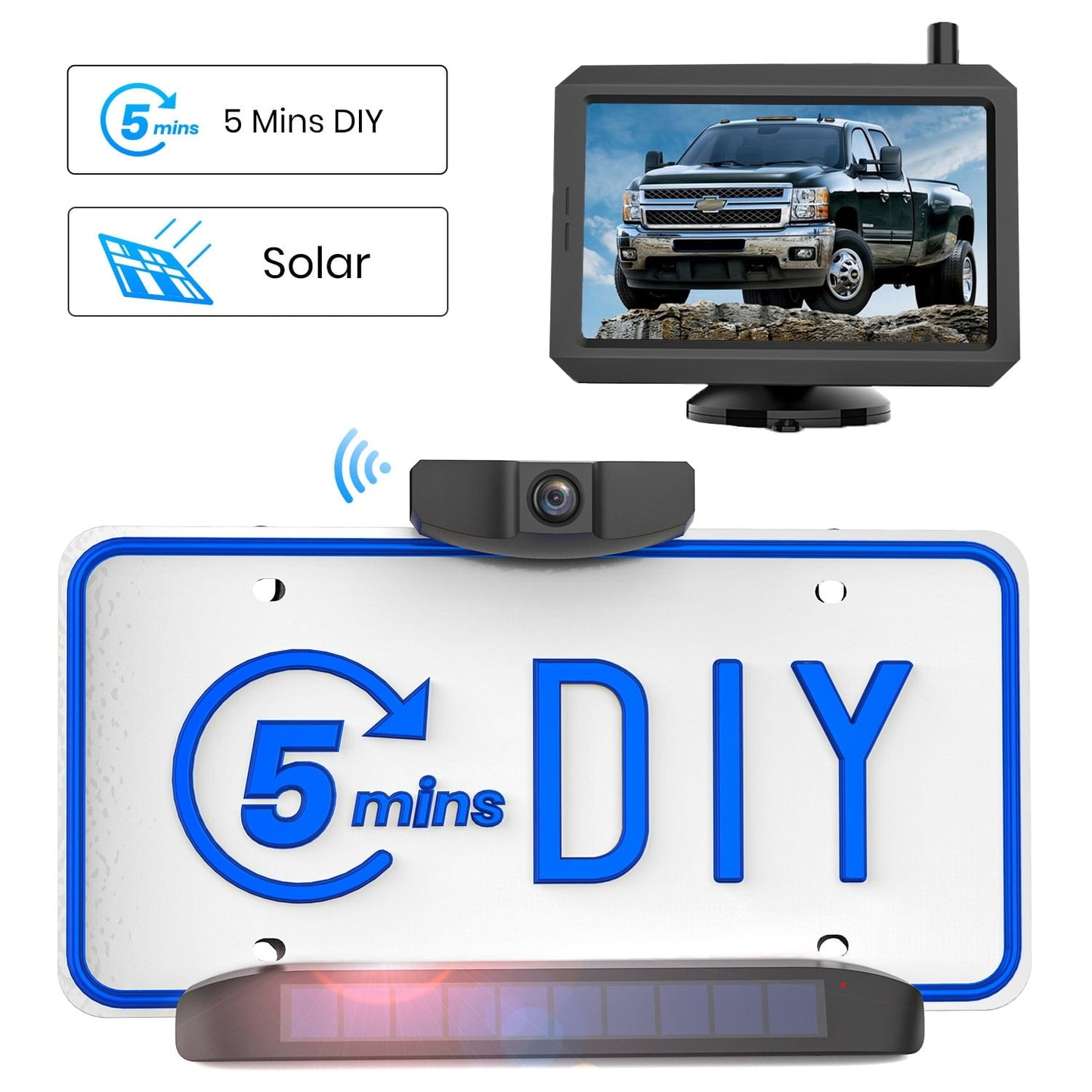 Classic Solar Wireless Backup Camera with 5 Inch HD Monitor, Solar Powered Reverse Camera Suitable for Traveling Campers, Trailer Trucks Rear View Backup Camera Easy Installation