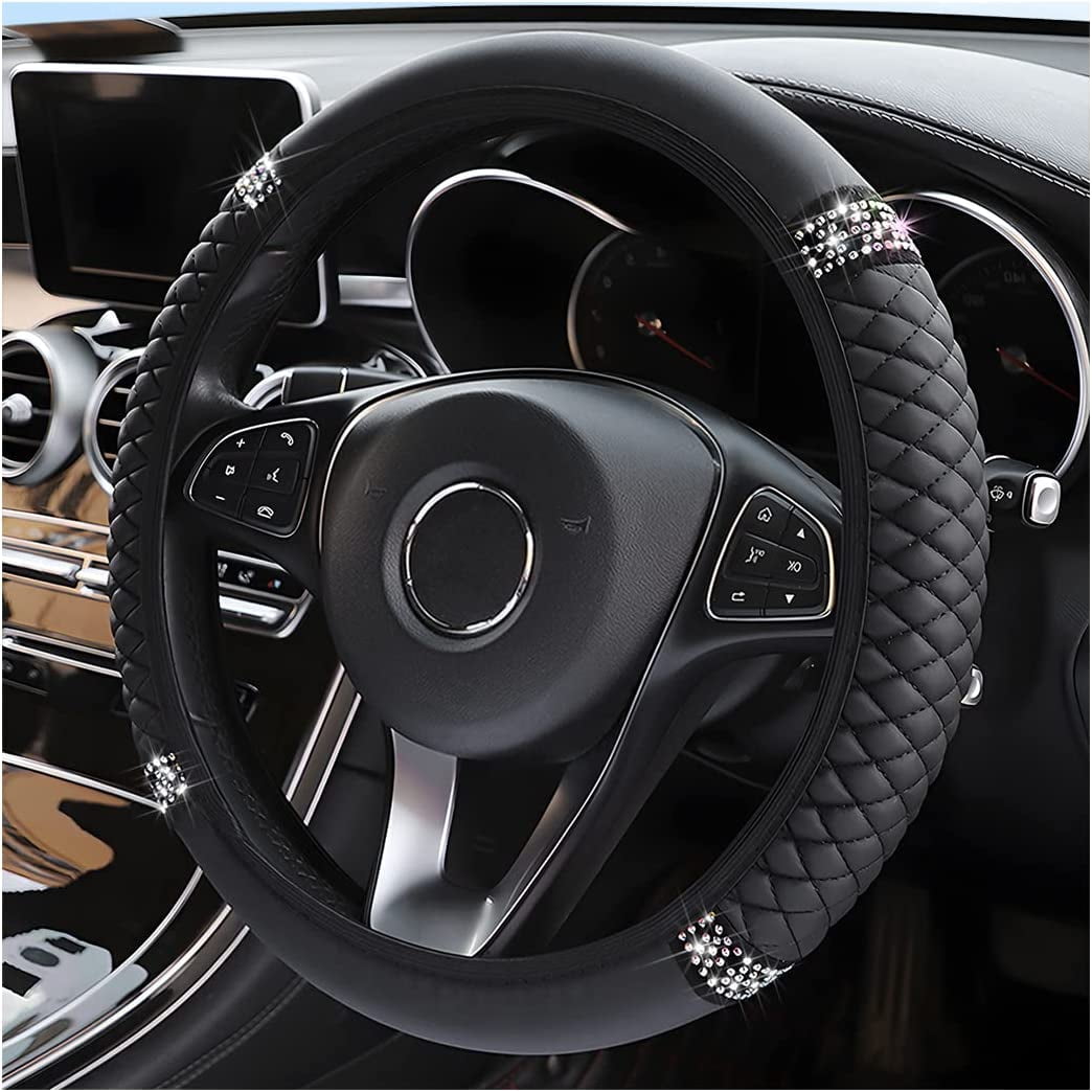 Versatile Steering Wheel Cover, Universal Bling  15 Inch Car Accessory with Rhinestones for Women, Anti-Slip Soft Leather Black Protector for Sedans, SUVs, Vans, Trucks