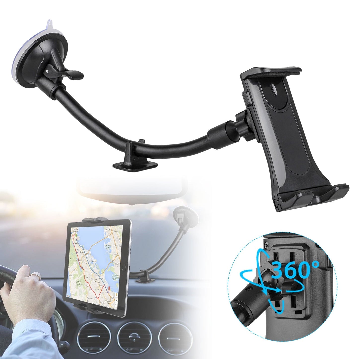 Versatile Tablet Car Mount Holder, TSV Long Arm Suction Cup Mount Stand Cradles for 4-12inch Tablet Cell Phone SUV Truck Vehicle Auto, Windshield Mount Holder, 360degree Rotating Hands-Free Navigation